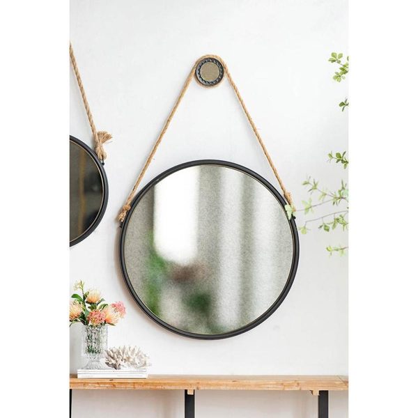 30  Black Fame Round Wall Hanging Accent Mirror with Rope Hot on Sale