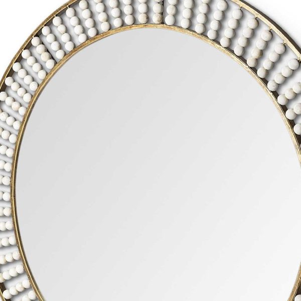 42  Round Gold Metal Frame Wall Mirror With White Wood Beads on Sale