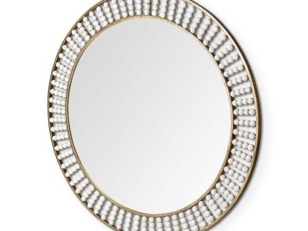 42  Round Gold Metal Frame Wall Mirror With White Wood Beads on Sale