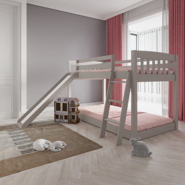 Gray Twin over Twin Solid Wood Bunk Bed With Slide and Ladder on Sale